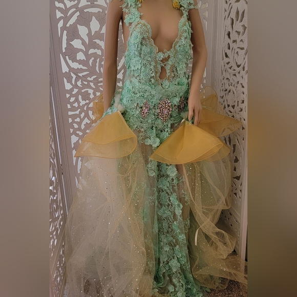 "LADY STEPHANIE" 2 Piece Mint Green & Gold Gatsby Inspired Wedding Gown Set - Picture 6 of 12